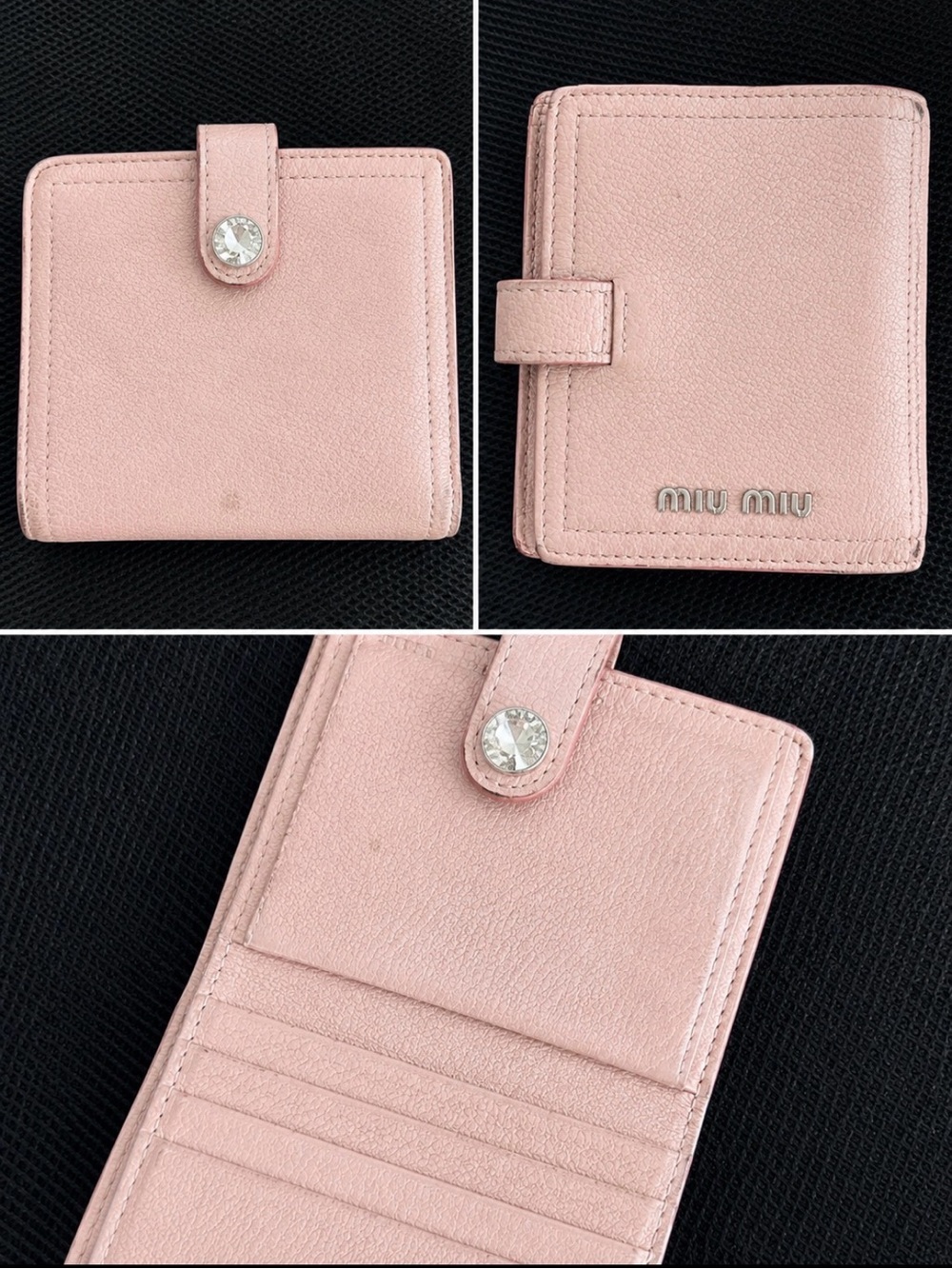 Miu Miu Compact Wallet with Crystal Button with silver hardware